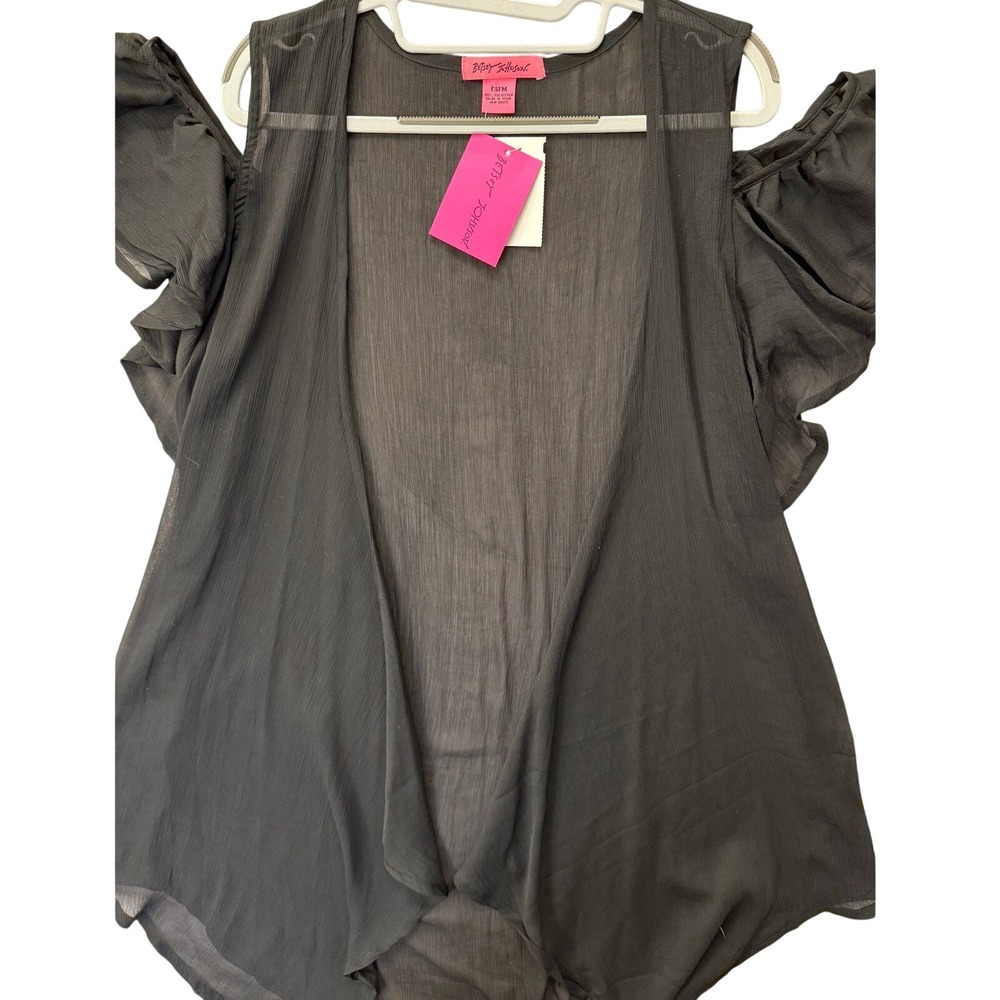 NWT Betsey Johnson Black Sheer Ruffle Cold Shoulder Duster Cardigan Kimono OSFM